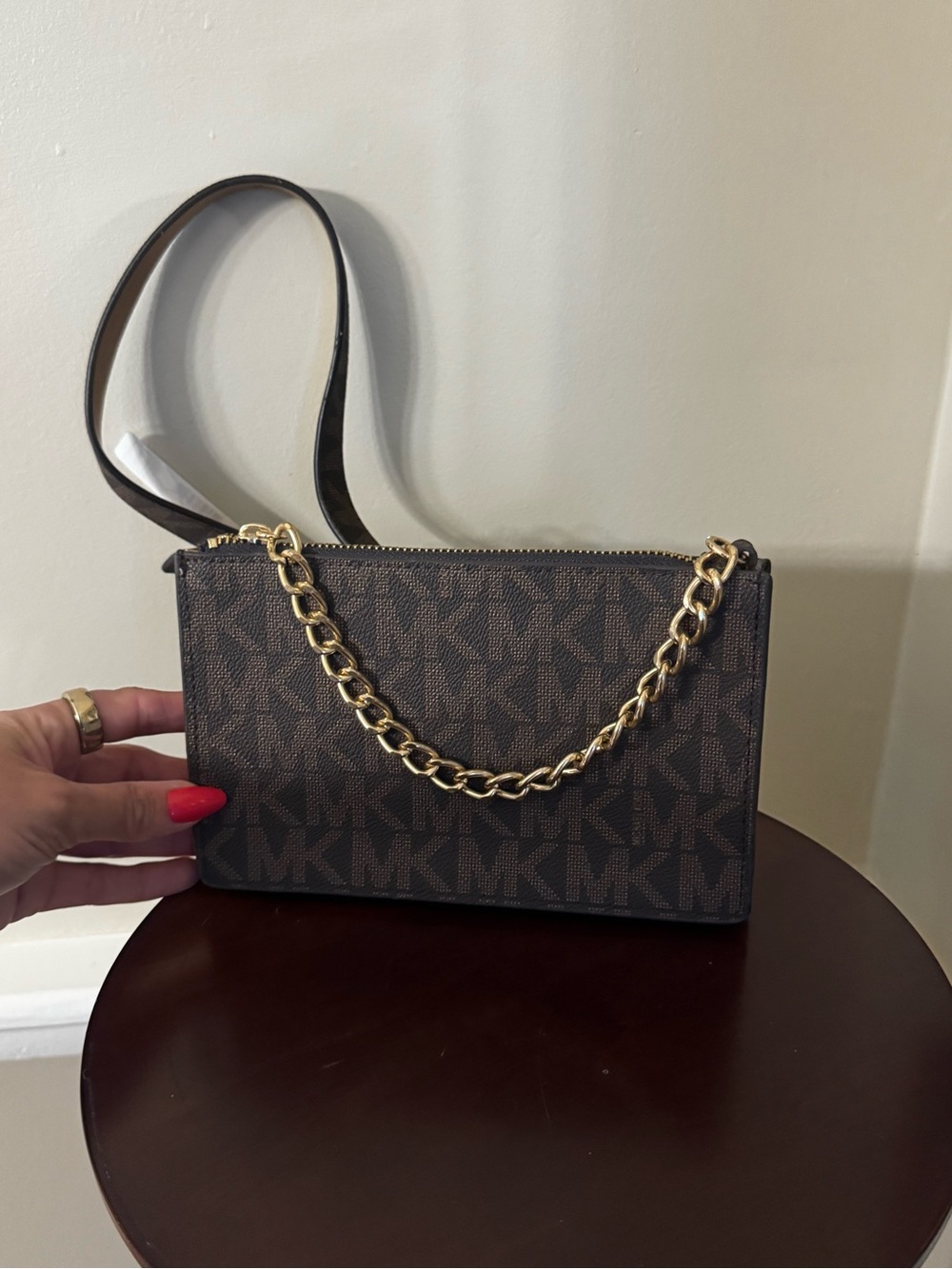 Michael Kors Brown Monogram belt bag with Gold Chain - Picture 2 of 5